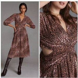Anthropologie RANNA GILL Womens Midi Dress Leopard Print Brown Black Small